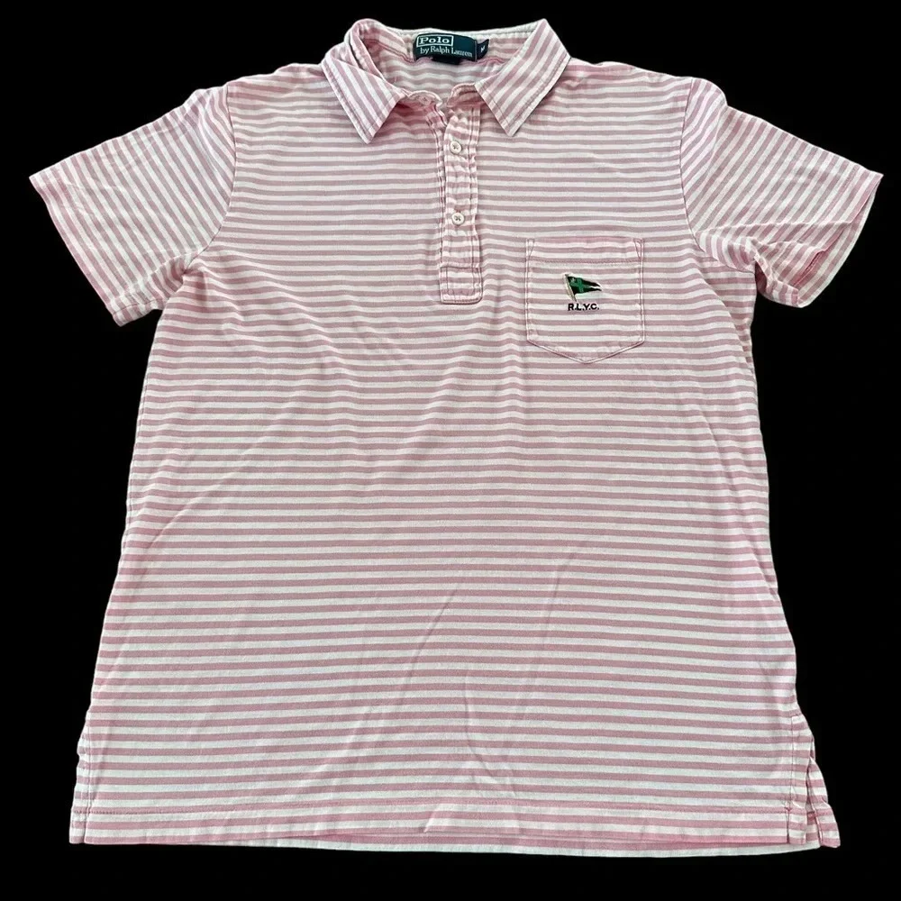 Polo Ralph Lauren Mens Medium Pink Striped Yacht Club Polo Shirt 100% Cotton‎ M